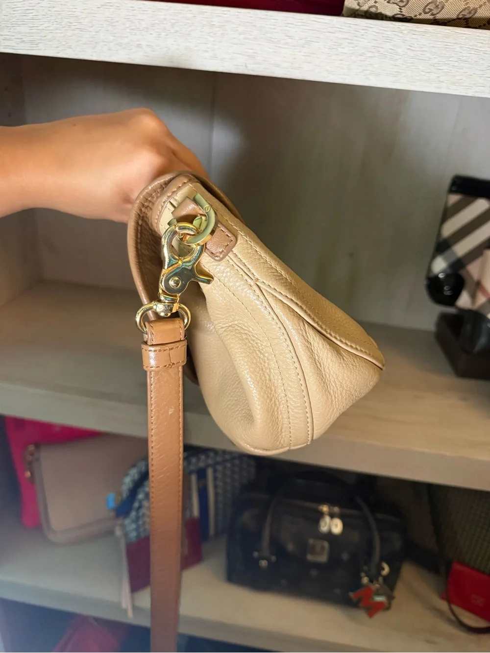 Tory Burch Two-Tone Camel and Beige Pebbled Leather Crossbody